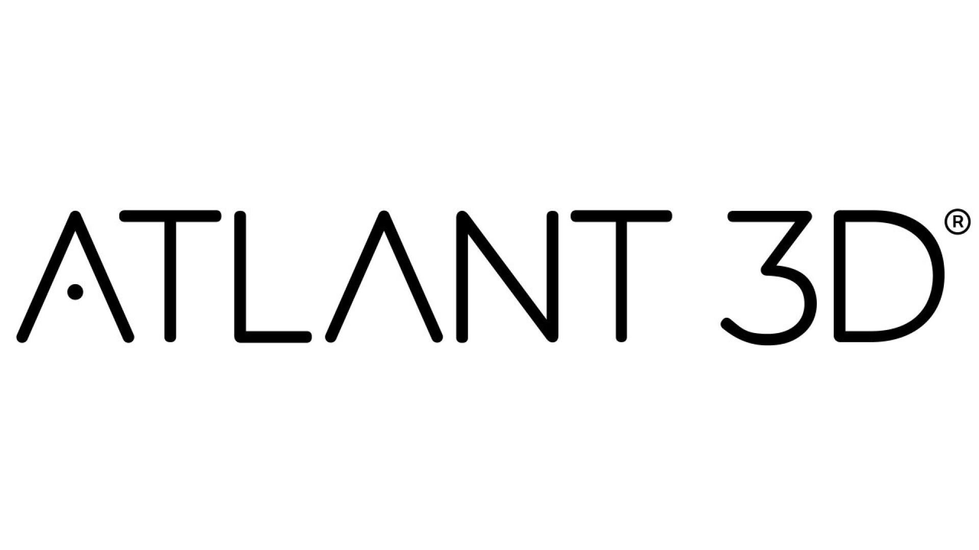 The image shows the stylized black text ATLANT 3D on a white background, with the A in ATLANT featuring a dot inside it and a registered trademark symbol next to 3D.