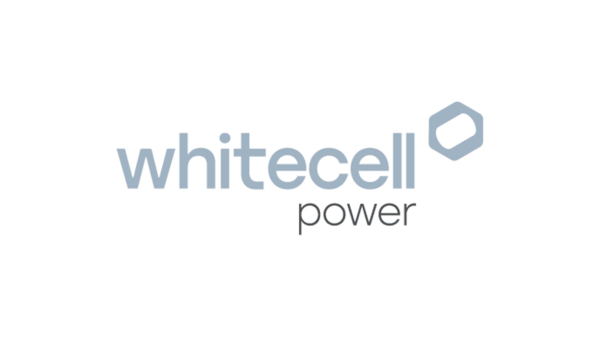 Der hellblaue Text lautet whitecell mit einem Hexagon-Logo auf der rechten Seite und dem Wort power in dunkelblau unter cell, alles auf einem transparenten Hintergrund.
