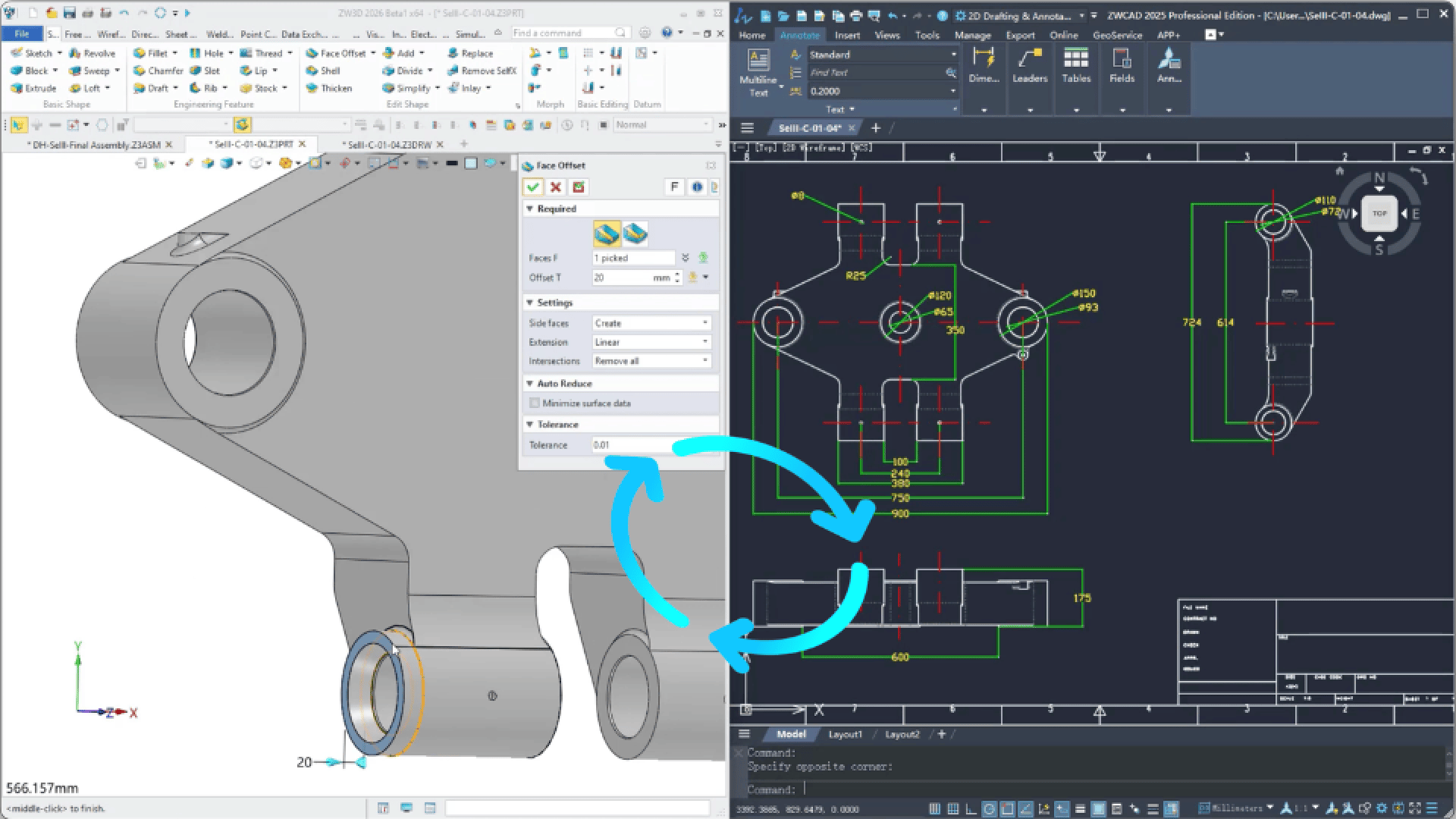 Geteilter Bildschirm, der links ein mechanisches 3D-Teil in einer CAD-Software und rechts seine technische 2D-Zeichnung in AutoCAD zeigt, verbunden durch blaue, gebogene Pfeile, die den Datentransfer oder den Design-Workflow anzeigen.