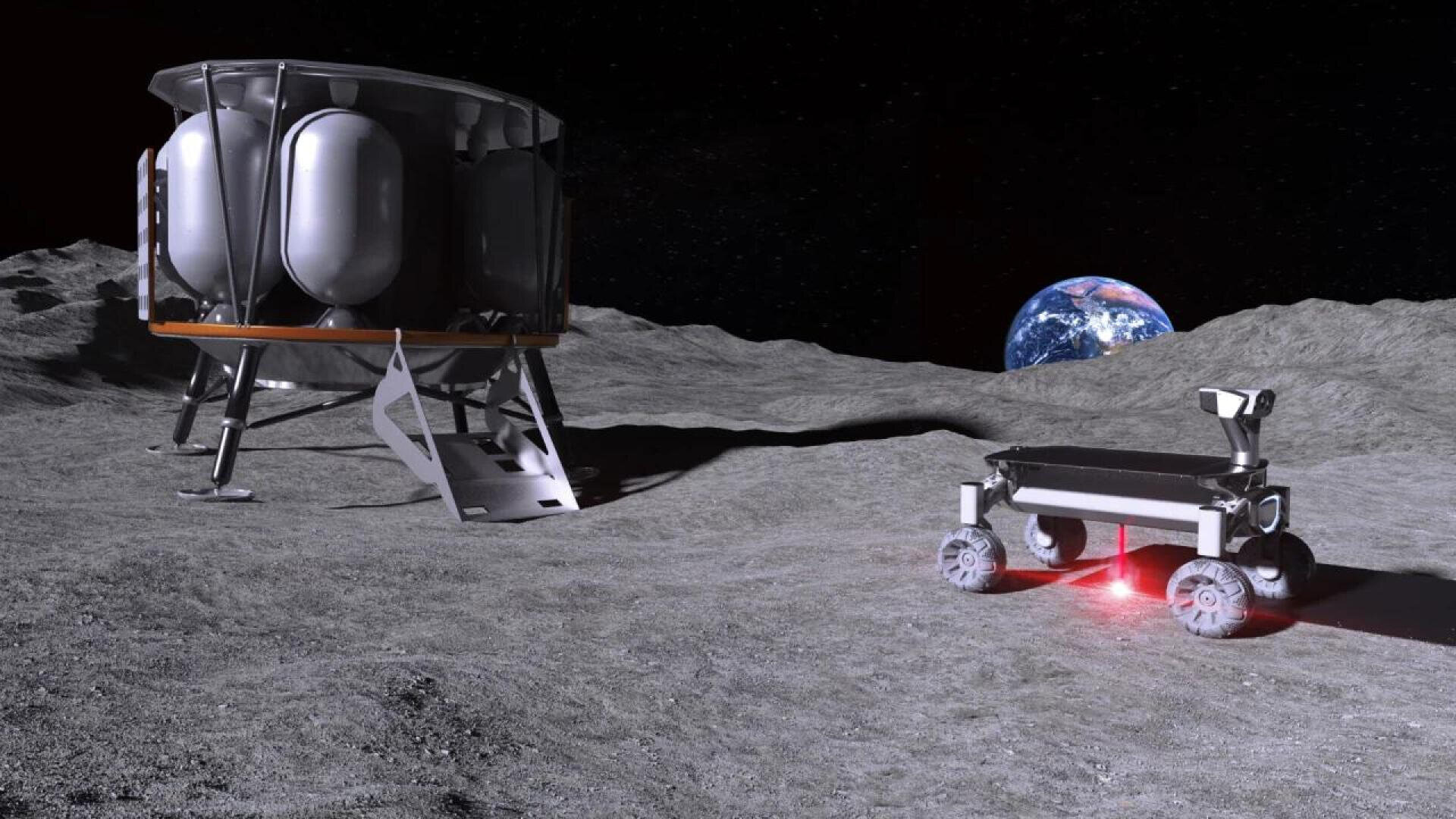 A lunar lander and a small rover stand on the moon’s rocky surface, with a distant view of Earth visible above the horizon in the black sky. The rover emits a red light beneath it.