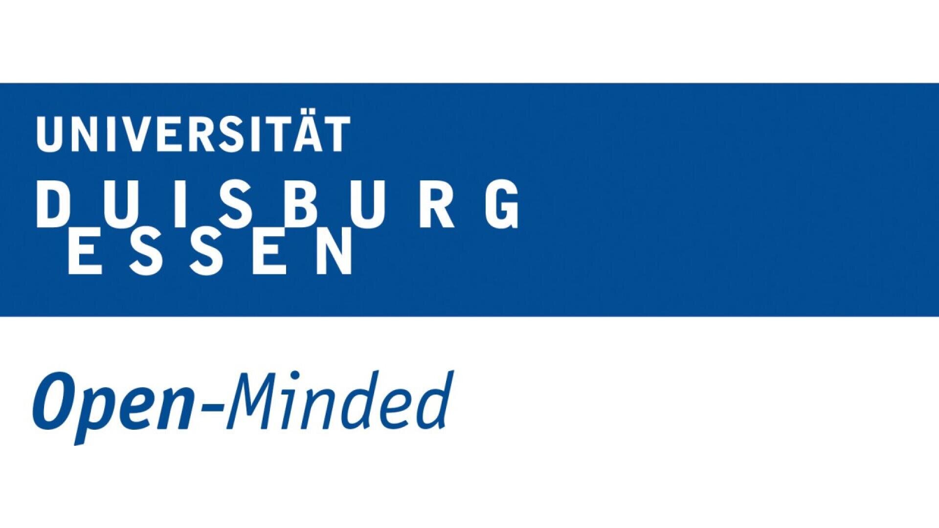 Logo of Universität Duisburg-Essen. The logo features white text on a blue background with Universität Duisburg Essen at the top and the phrase Open-Minded in blue italic font below.
