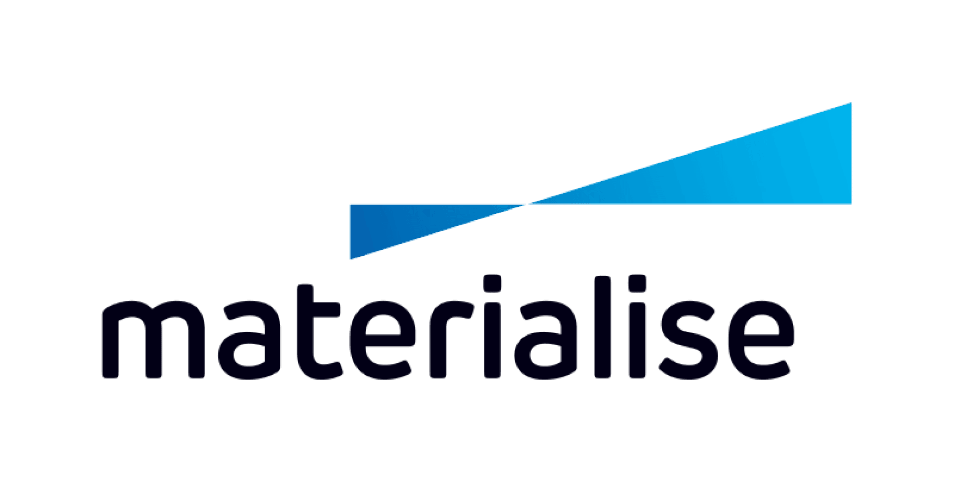 Das Logo für Materialise zeigt das Wort „Materialise“ in schwarzen Kleinbuchstaben und eine blaue geometrische Form über dem Text.
