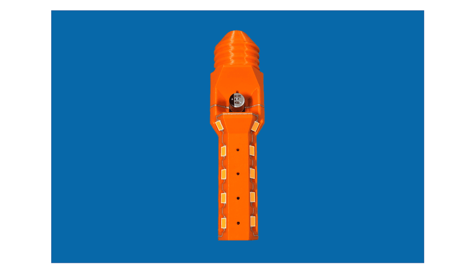 An orange industrial tool with a hexagonal tip and screw in the center, shown vertically against a solid blue background.
