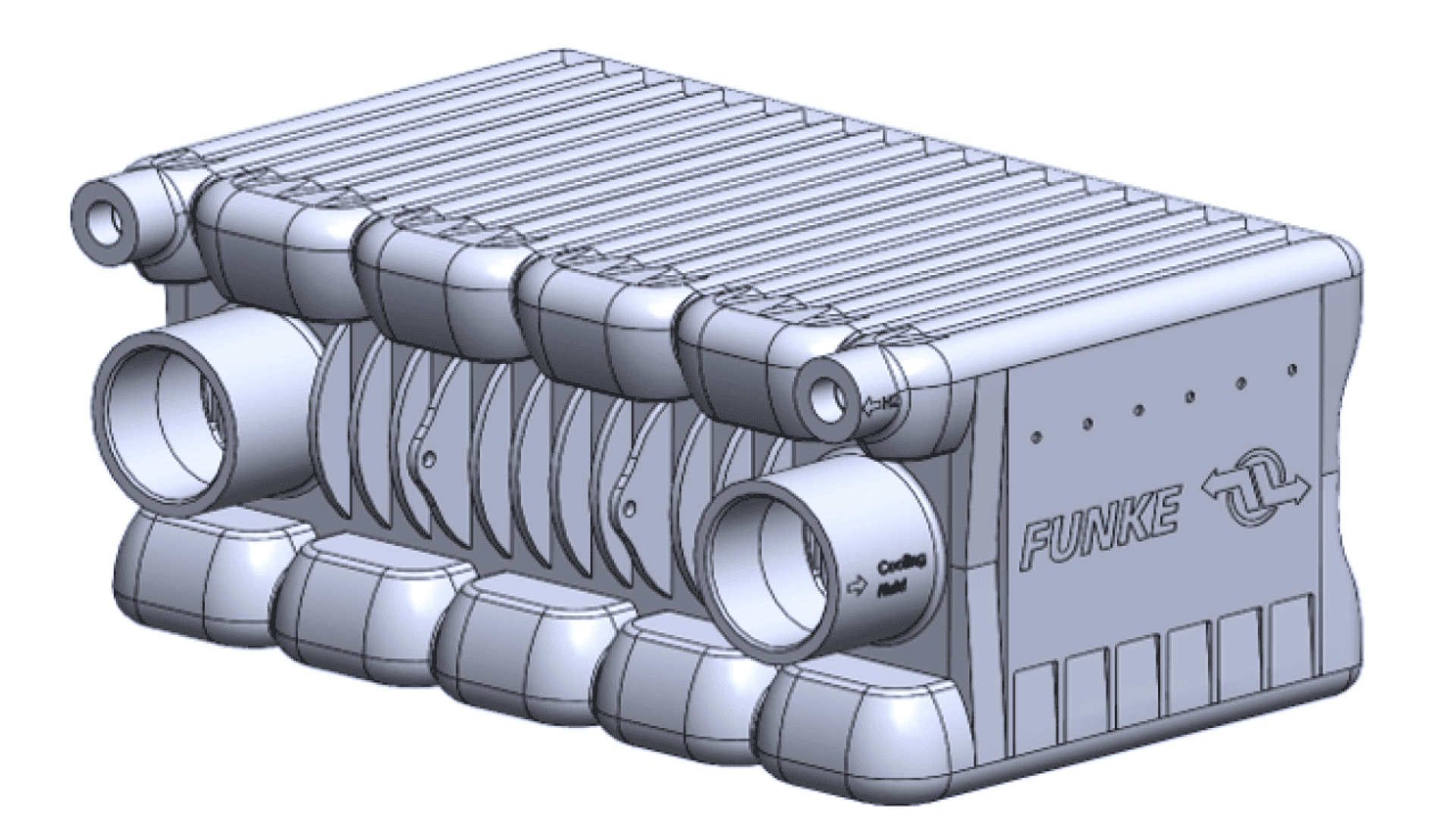 3D rendering of a rectangular heat exchanger with ribbed surfaces, labeled FUNKE on the side, and multiple cylindrical pipe connections on its sides and ends.