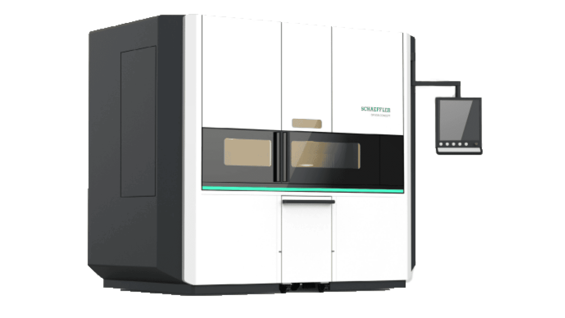Modern industrial machine with a sleek white and black exterior, dual front windows, and a side-mounted control screen; the brand Schaeffler is visible on the upper front panel.