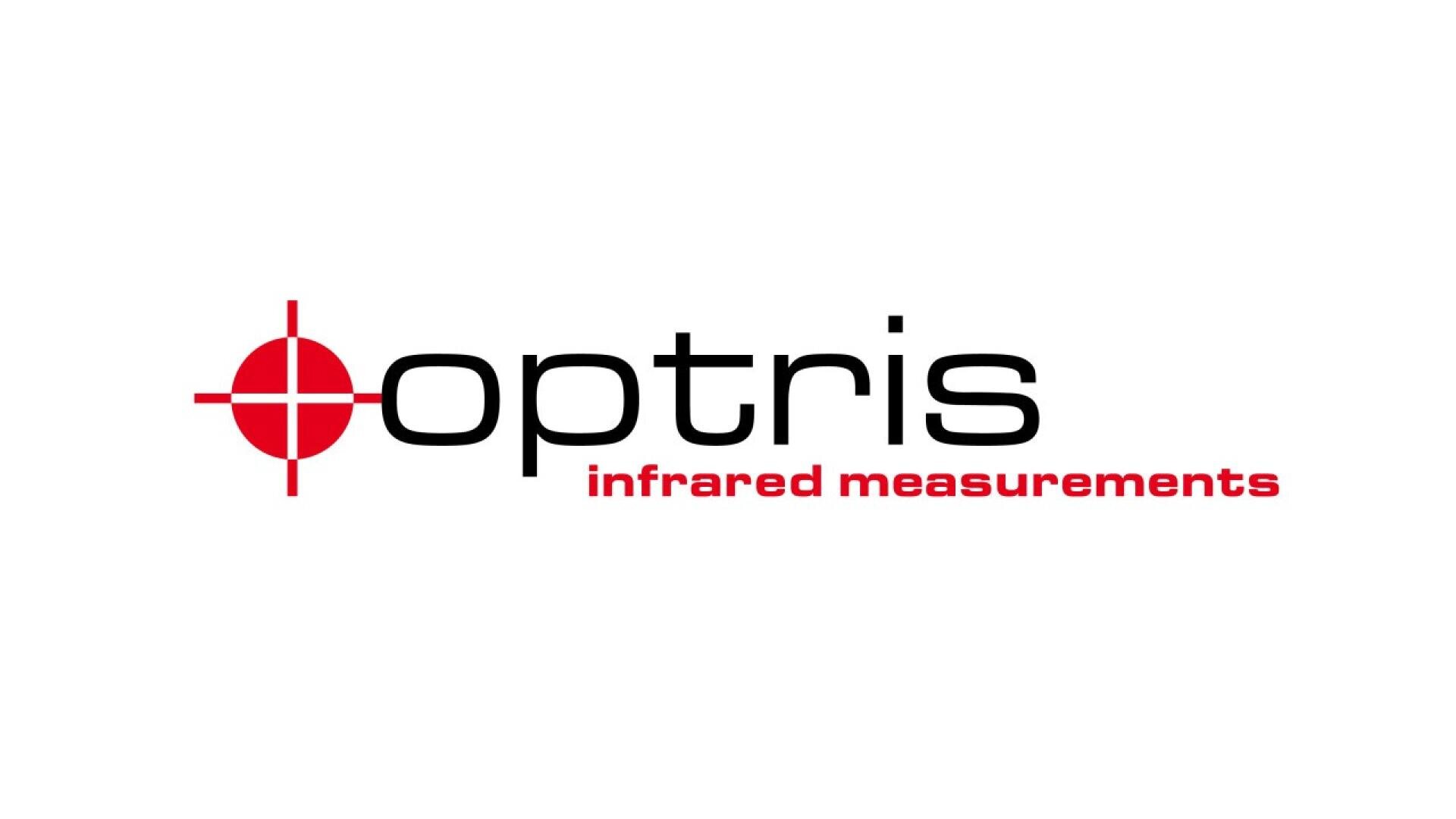 Optris logo with the word optris in black, a red target symbol to the left of the text, and infrared measurements in smaller red letters below and to the right.