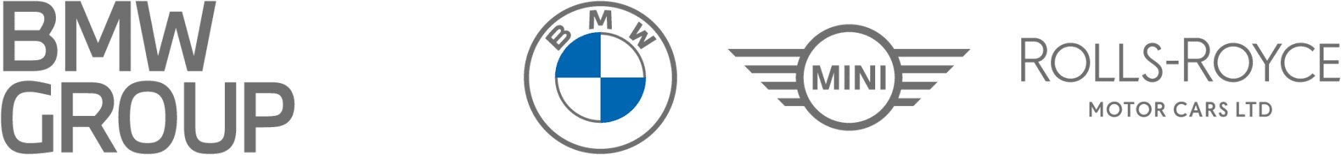 Die Logos der BMW Group, von BMW, MINI und Rolls-Royce Motor Cars Ltd. sind in Grau von links nach rechts auf weißem Hintergrund angeordnet.