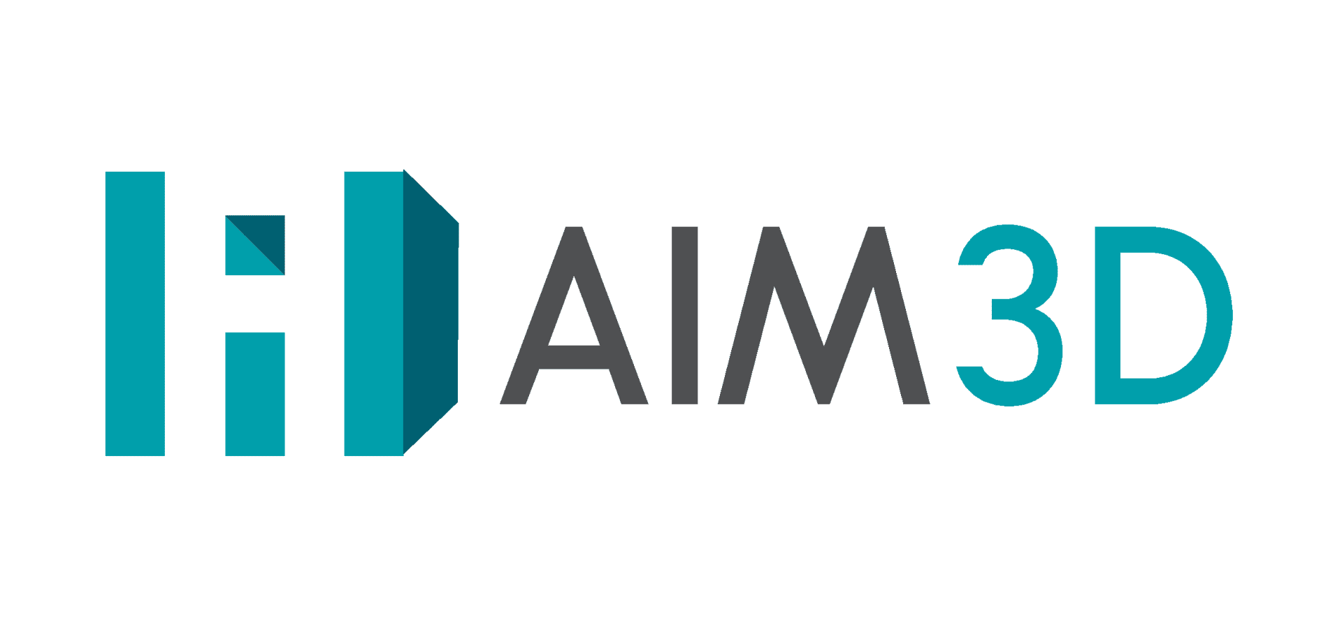 Logo für AIM3D mit stilisierten türkisfarbenen und grauen geometrischen Formen auf der linken Seite und dem Text AIM3D auf der rechten Seite, mit AIM in Grau und 3D in Türkis.
