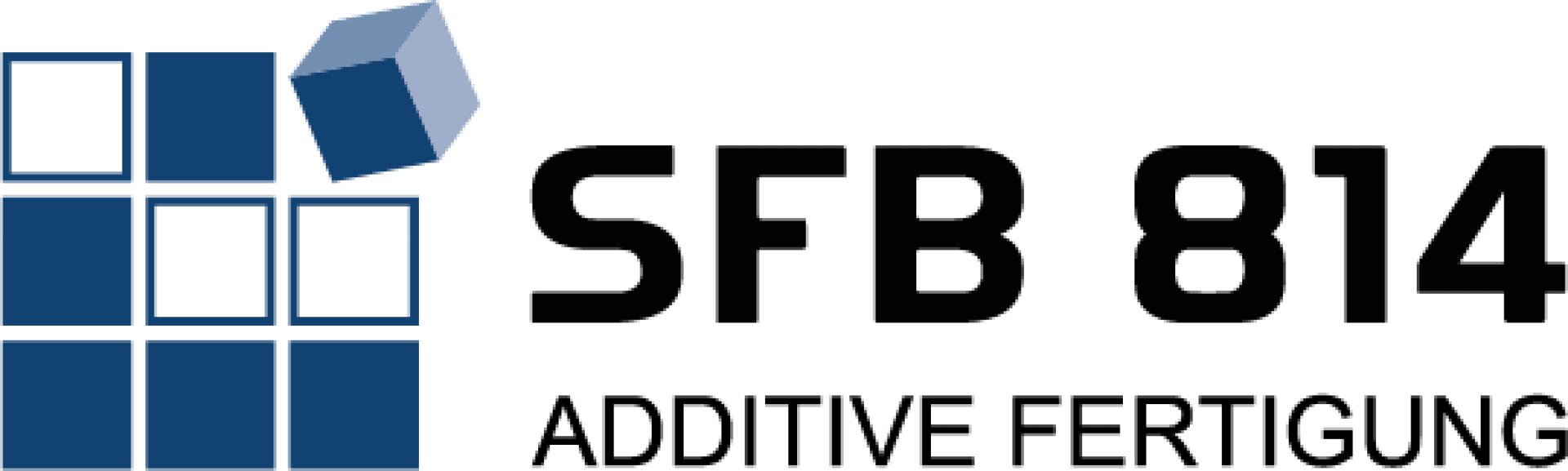 Logo with six dark blue squares and two white squares in a grid, one blue 3D cube above the grid, and the text SFB 814 ADDITIVE FERTIGUNG in bold black letters to the right.