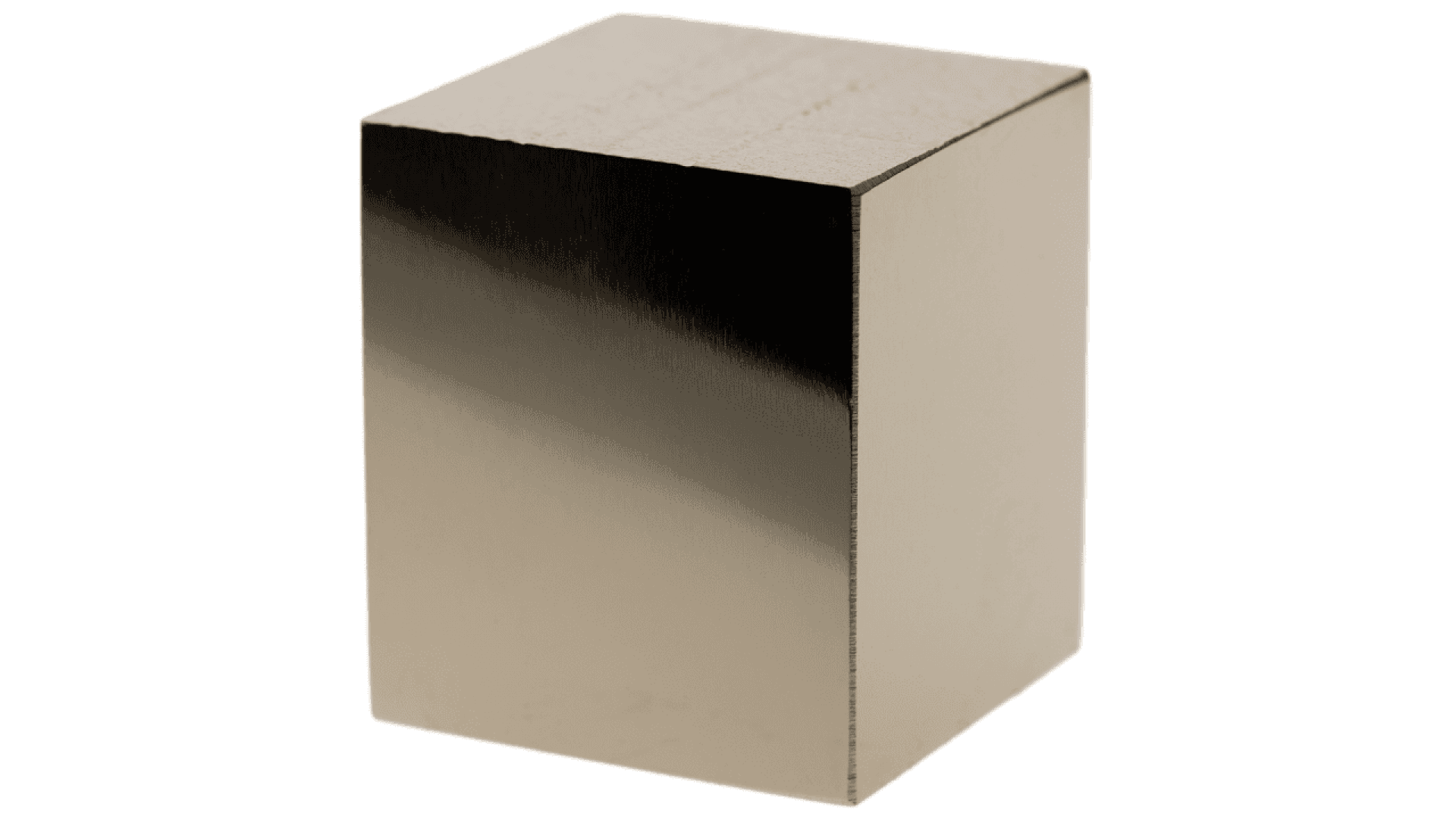 A shiny, metallic rectangular prism or block with smooth surfaces, standing upright against a white background.