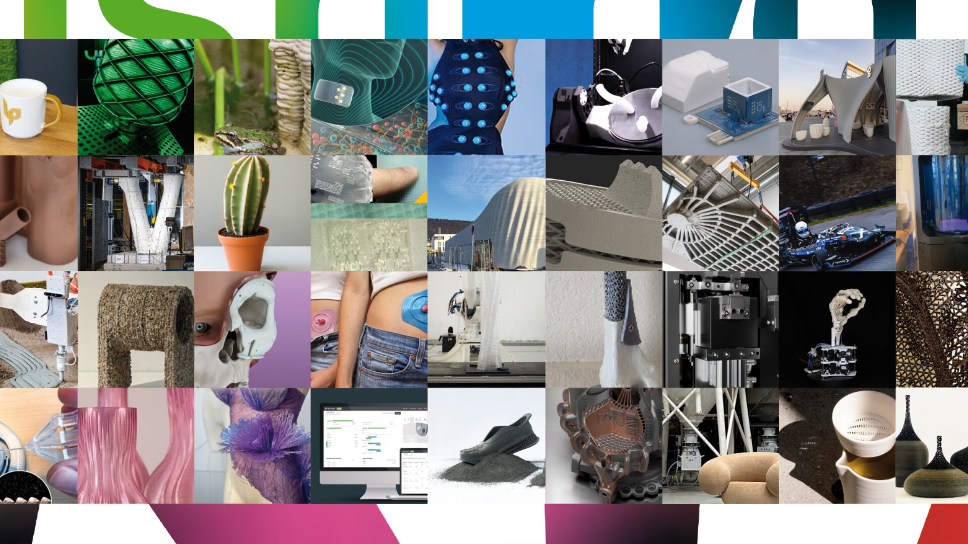Eine Collage aus verschiedenen 3D-gedruckten Objekten, darunter Schuhe, Vasen, Werkzeuge, Architekturmodelle, Skulpturen, Pflanzen und Hände, die in einem Raster vor einem bunten geometrischen Hintergrund angeordnet sind.