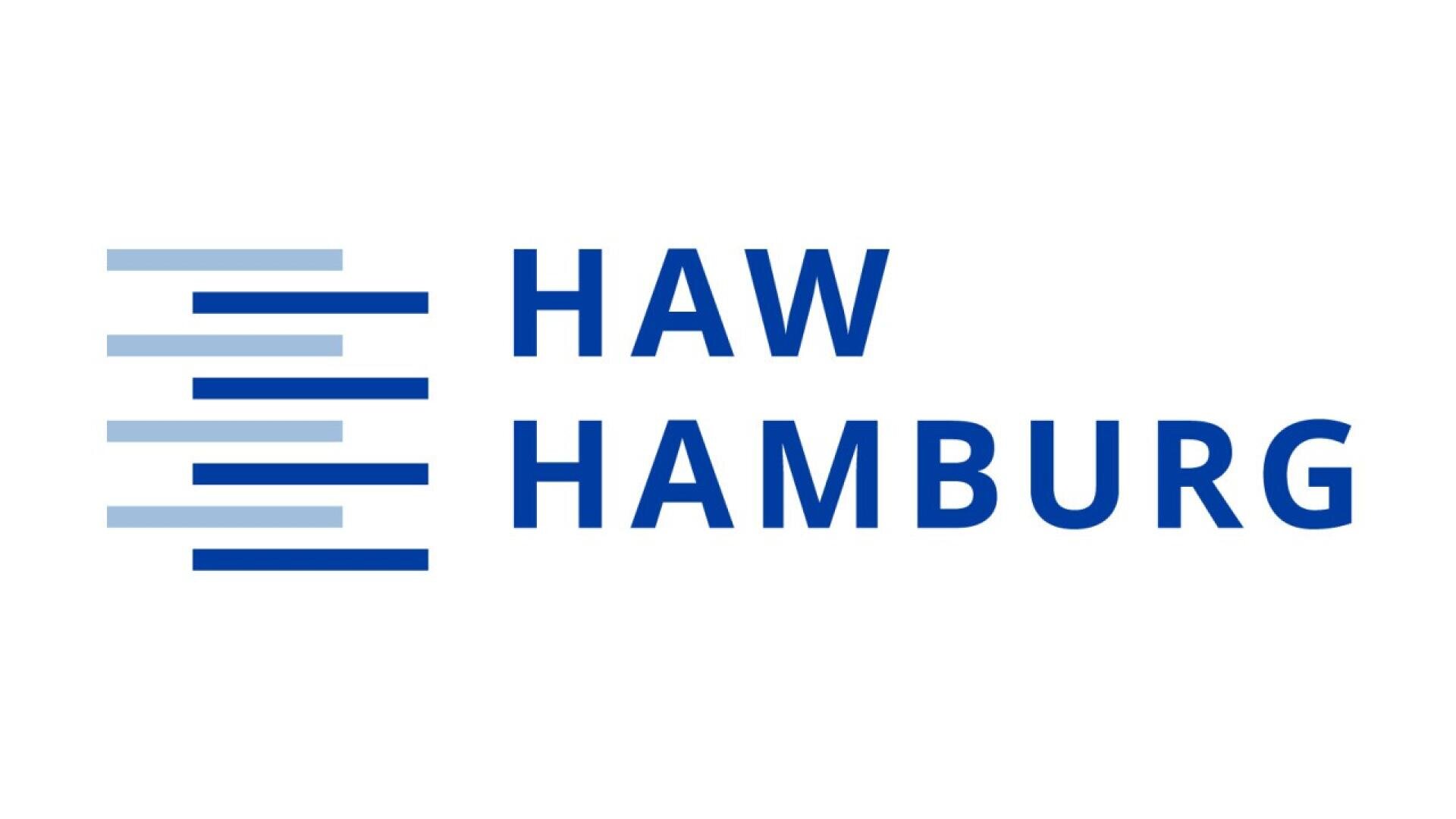 Logo of HAW Hamburg with stylized horizontal blue lines on the left and the words HAW HAMBURG in bold blue letters on the right, all on a white background.