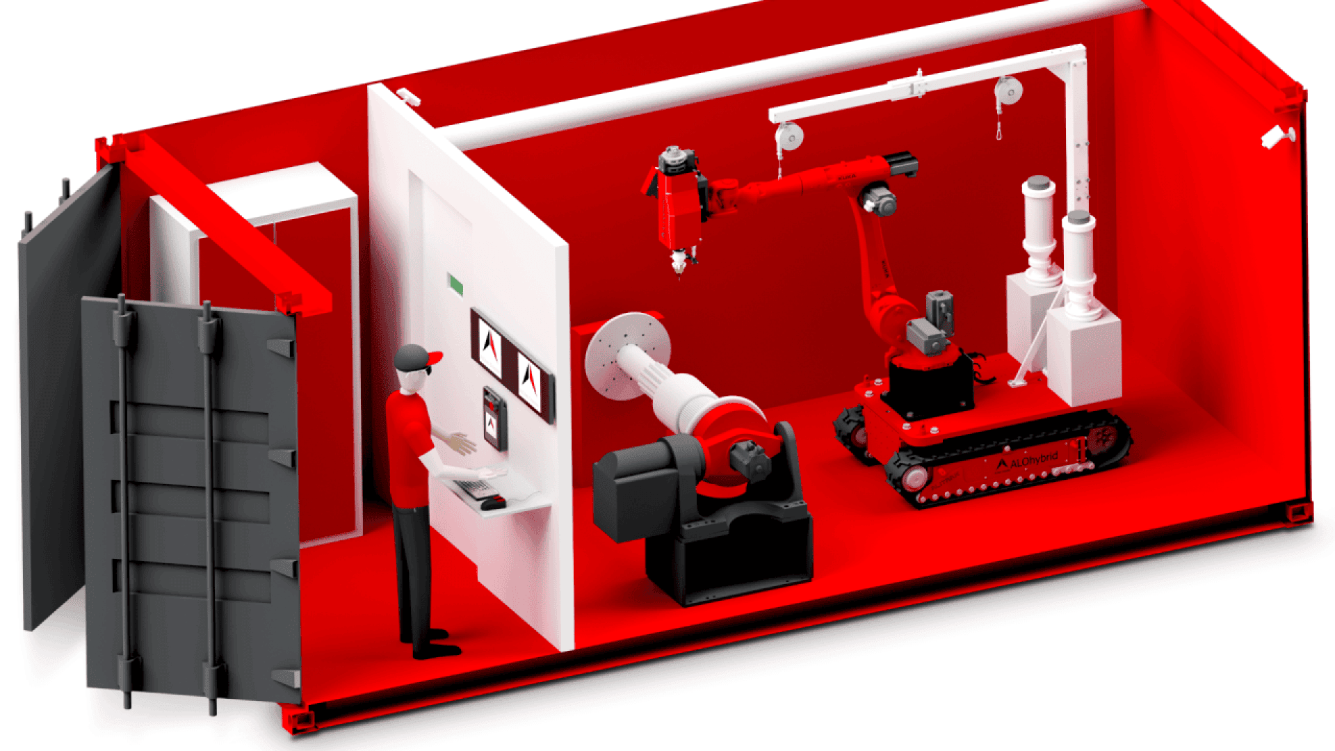A person operates controls inside a red and white container with robotic arms and machinery, including a tracked robot and control panels, illustrating an automated industrial workspace.