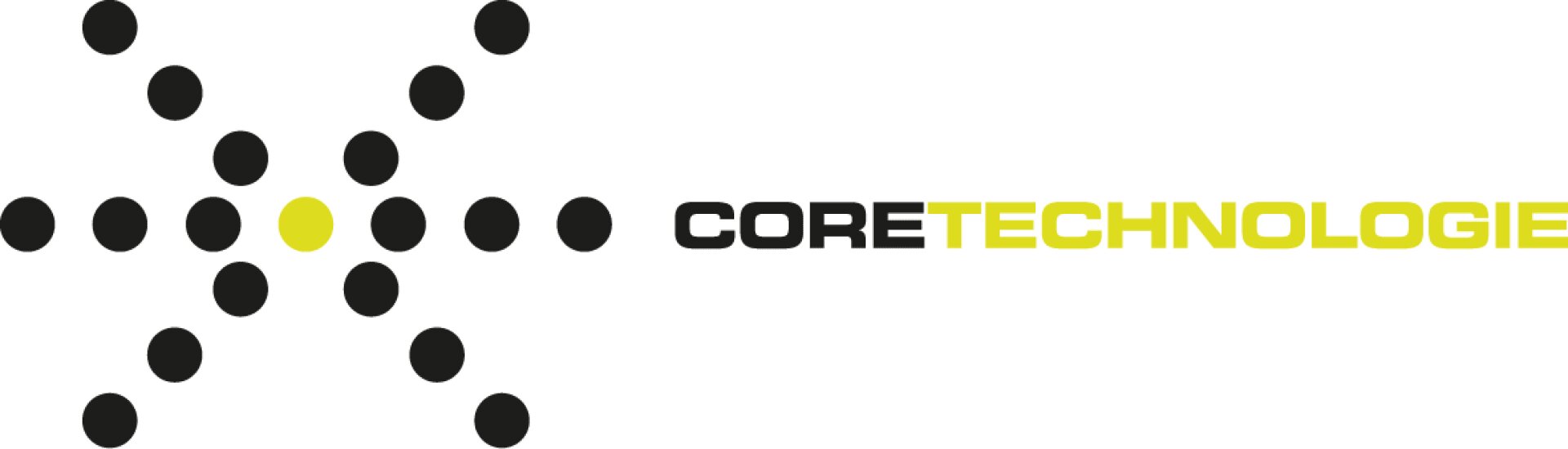 Das Logo für CoreTechnologie besteht aus einem Muster aus schwarzen Punkten, die in X-Form angeordnet sind, mit einem zentralen gelben Punkt. Rechts daneben stehen die Wörter CORE in Schwarz und TECHNOLOGIE in Gelb.