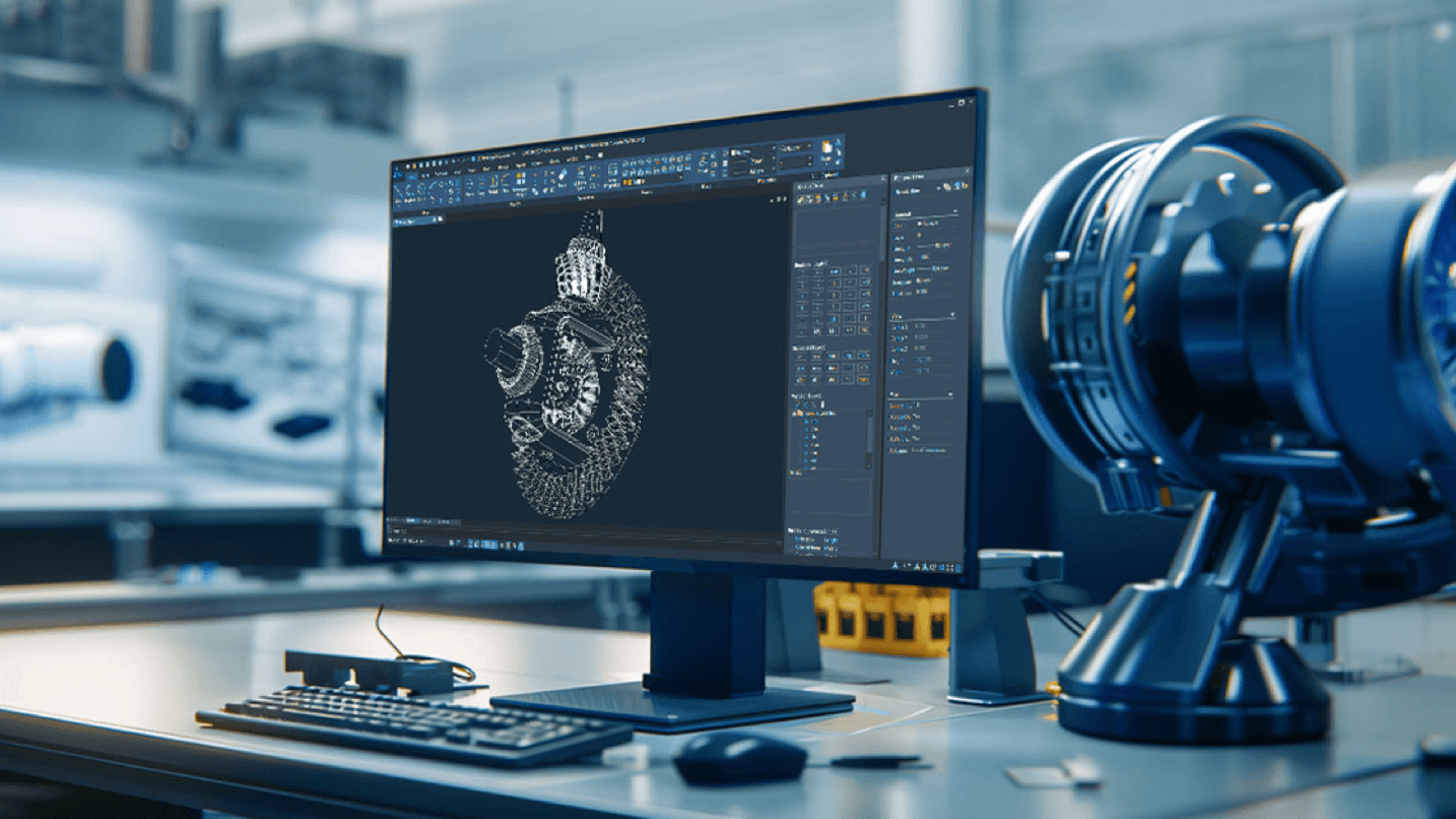 Ein Computerbildschirm zeigt mithilfe von CAD-Software ein 3D-Modell eines mechanischen Teils in einem modernen, hochtechnologischen Ingenieurbüro. Auf dem Schreibtisch sind Tastatur, Maus und hochmoderne Maschinen zu sehen.