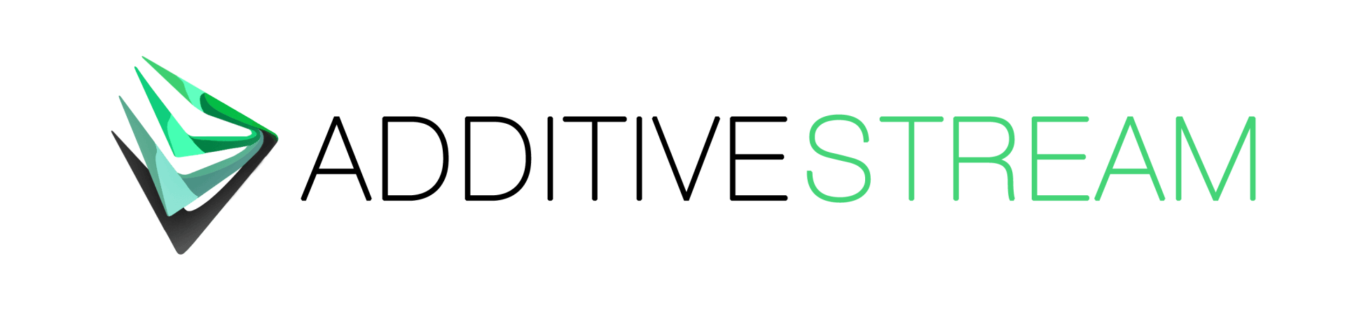 Logo mit einer geometrischen, dreidimensionalen Dreiecksform in Grün und Grau, neben dem Schriftzug ADDITIVE STREAM in schwarzem und grünem Verlaufstext auf transparentem Hintergrund.