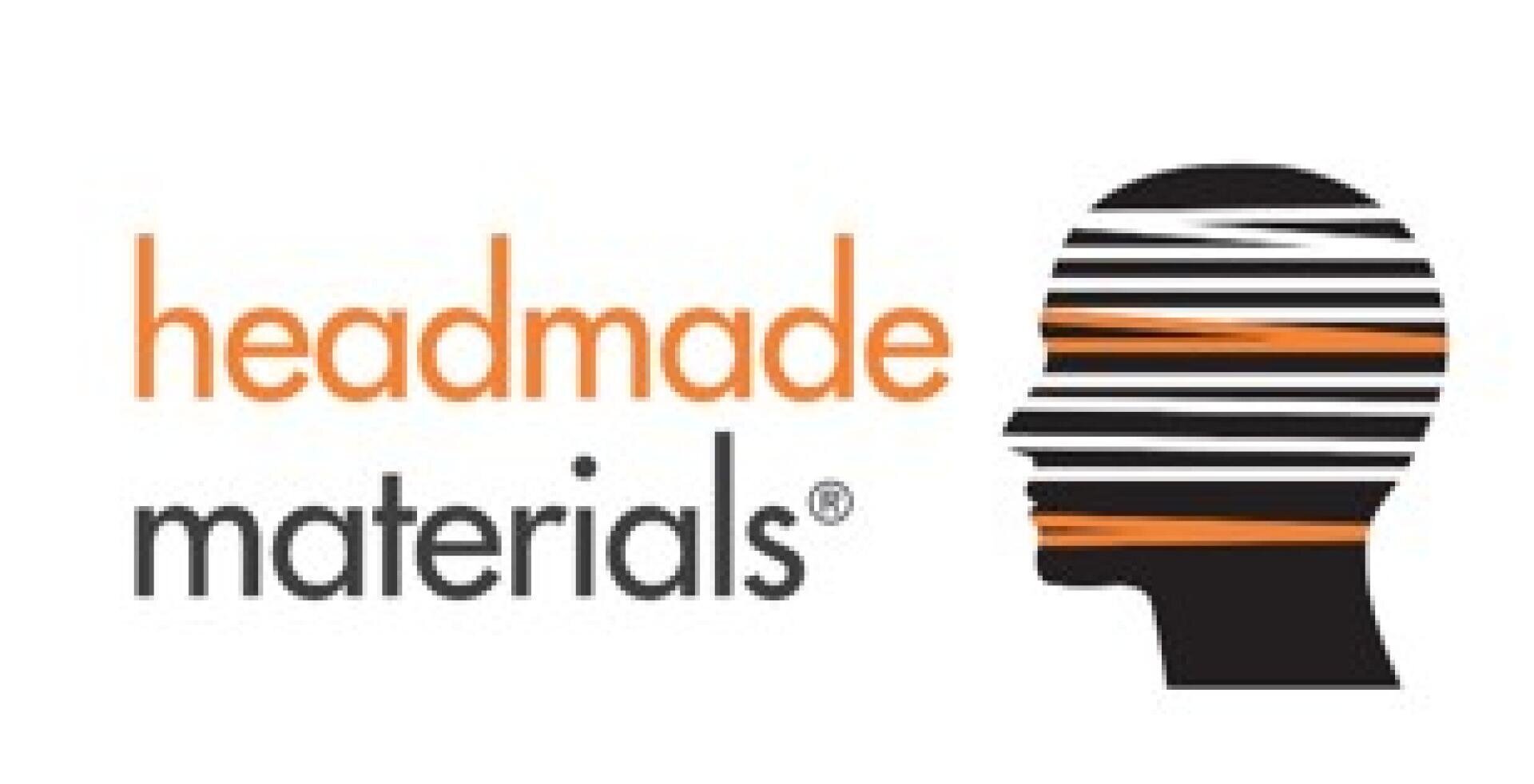 Logo für Headmade Materials mit den Worten „Headmade Materials“ neben einer schwarzen Silhouette eines menschlichen Kopfes, gefüllt mit horizontalen schwarzen, weißen und orangefarbenen Streifen.