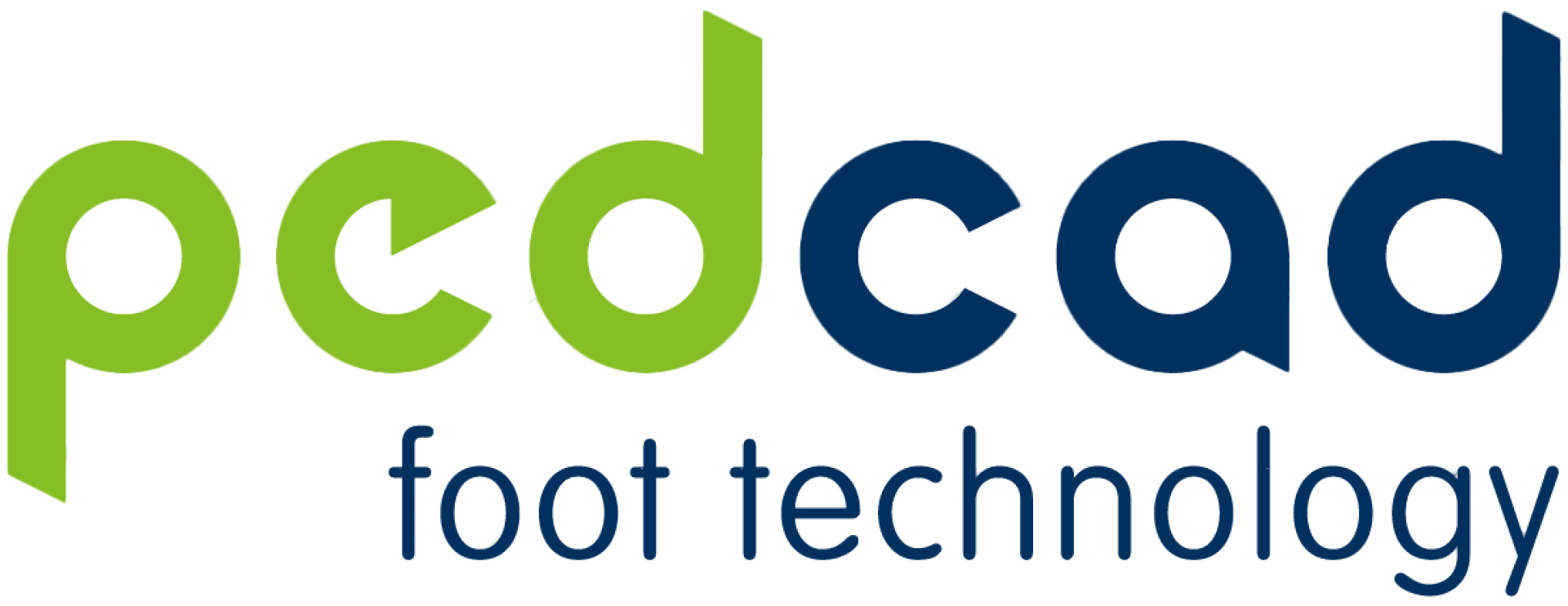 Das Bild zeigt das Logo der Pedcad-Fußtechnologie, mit „ped“ in Hellgrün und „cad“ in Dunkelblau sowie „foot technology“ in kleinerem, hellblauem Text darunter.