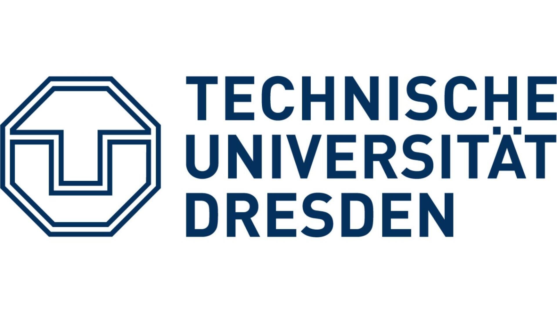 Logo of Technische Universität Dresden featuring a geometric emblem on the left and the university’s name in bold blue uppercase letters on the right, all set against a white background.