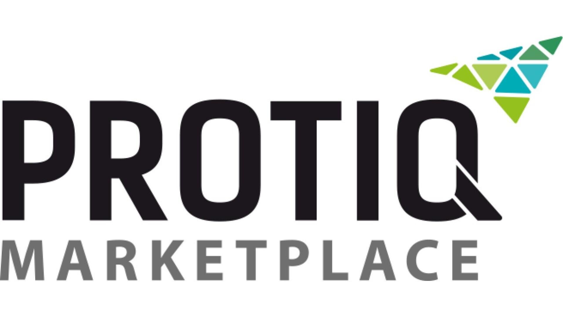 Logo with the word PROTIQ in bold black letters above the word MARKETPLACE in gray. To the upper right, there is a geometric design of green and blue triangles forming an arrow shape.