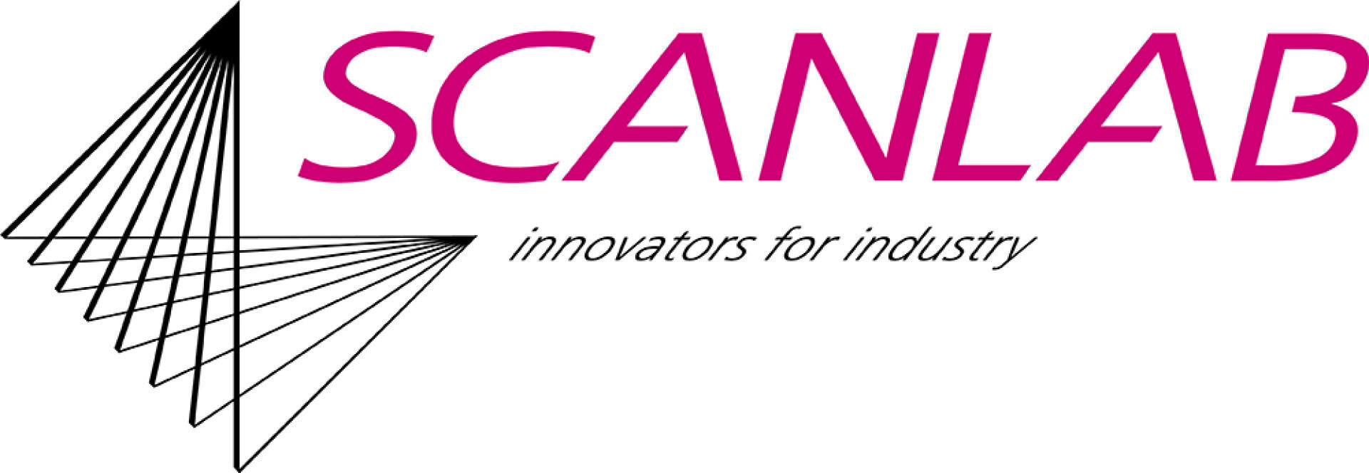 Das SCANLAB-Logo besteht aus magentafarbenem Text mit der Aufschrift „SCANLAB“ und schwarzem Text darunter mit der Aufschrift „Innovators for Industry“ sowie einem geometrischen schwarzen Liniendesign, das an überlappende Dreiecke erinnert.