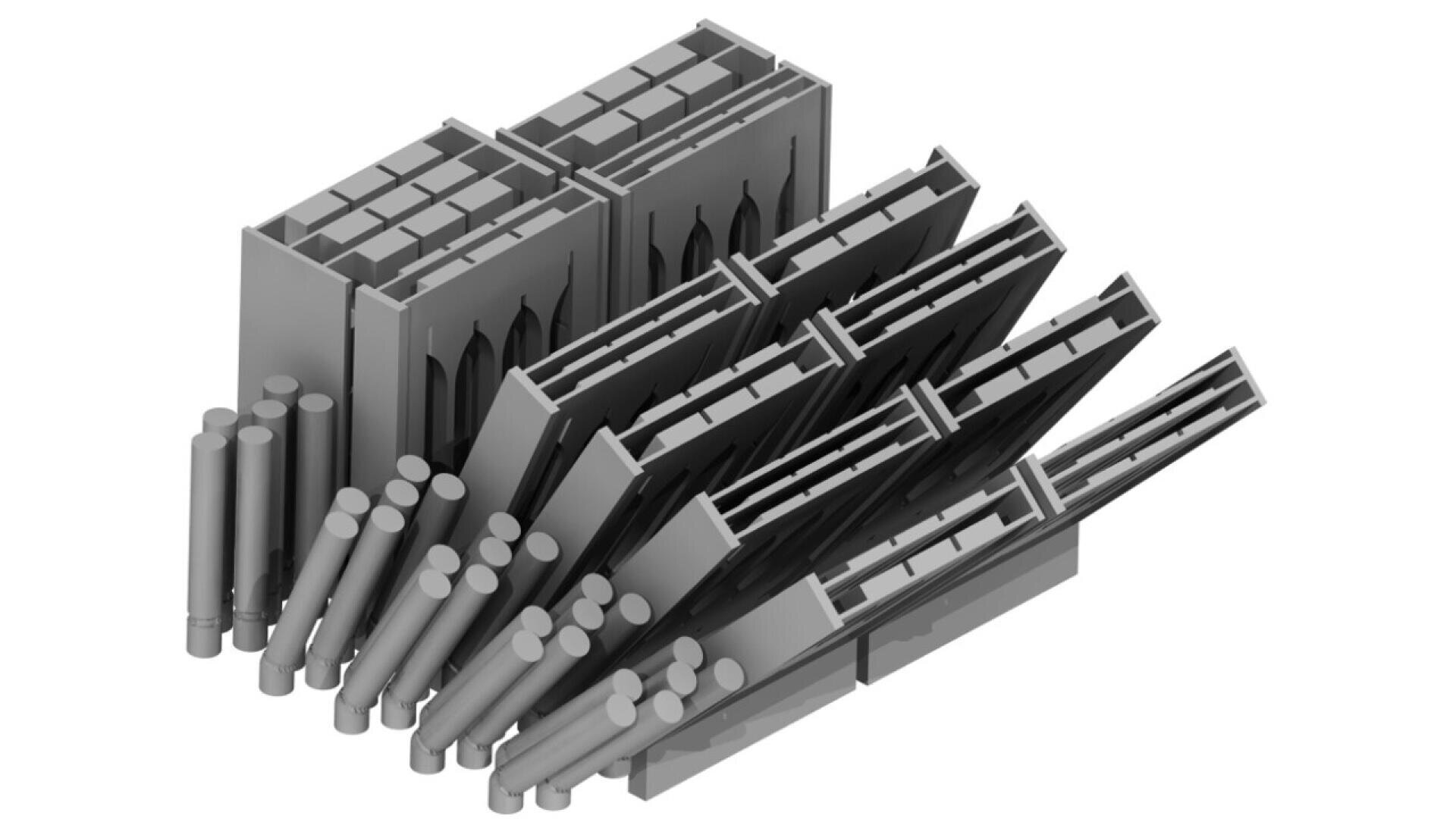 3D-rendered image of several gray missile launch cells, each containing multiple missiles, with some cylindrical missile objects arranged beside them.