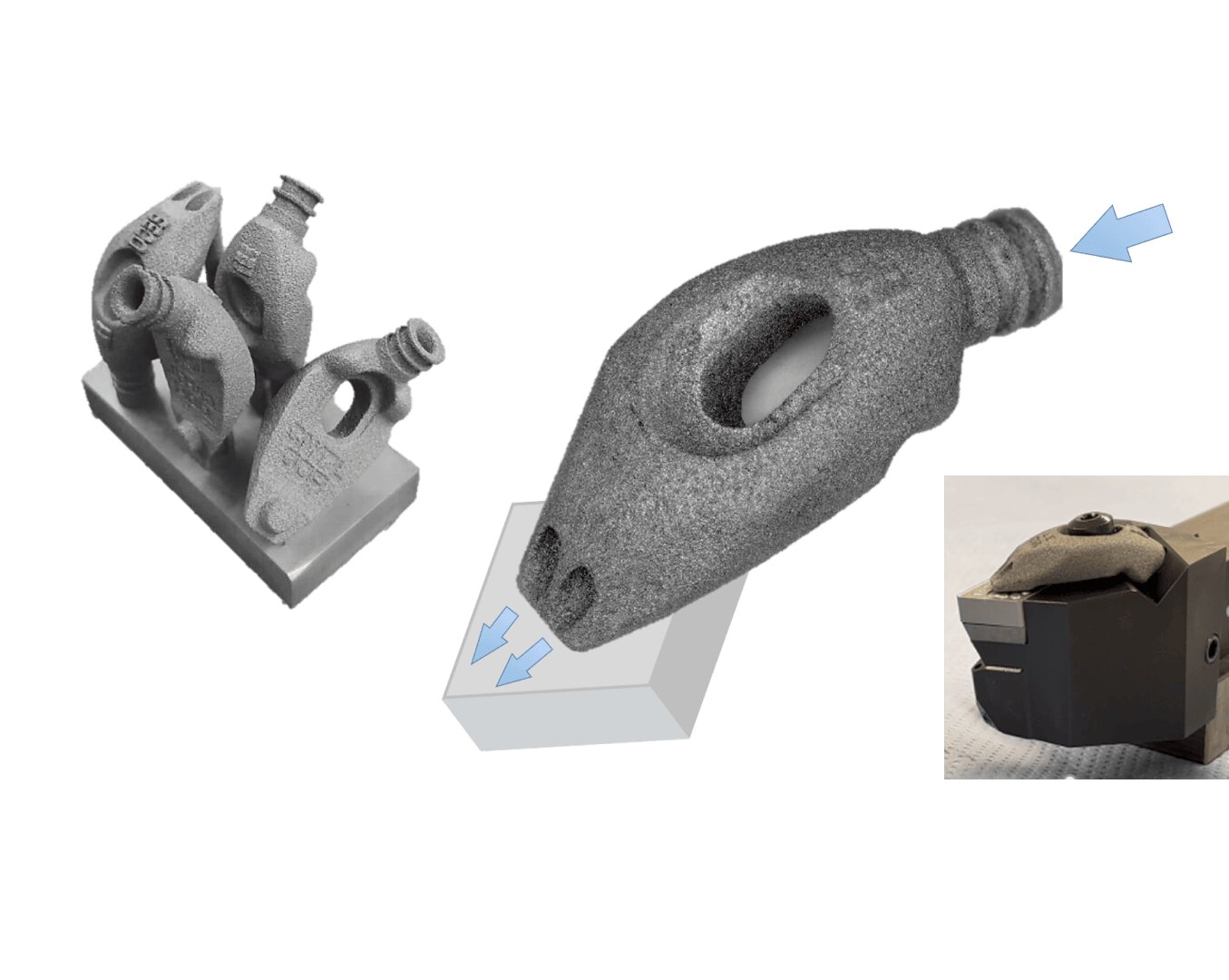 Drei Ansichten eines 3D-gedruckten Metallteils: auf einer Bauplatte (links), isoliert mit blauen Pfeilen, die auf Merkmale zeigen (Mitte) und in einer Werkzeugmaschine installiert (unten rechts), wobei ein Pfeil seine Position hervorhebt.