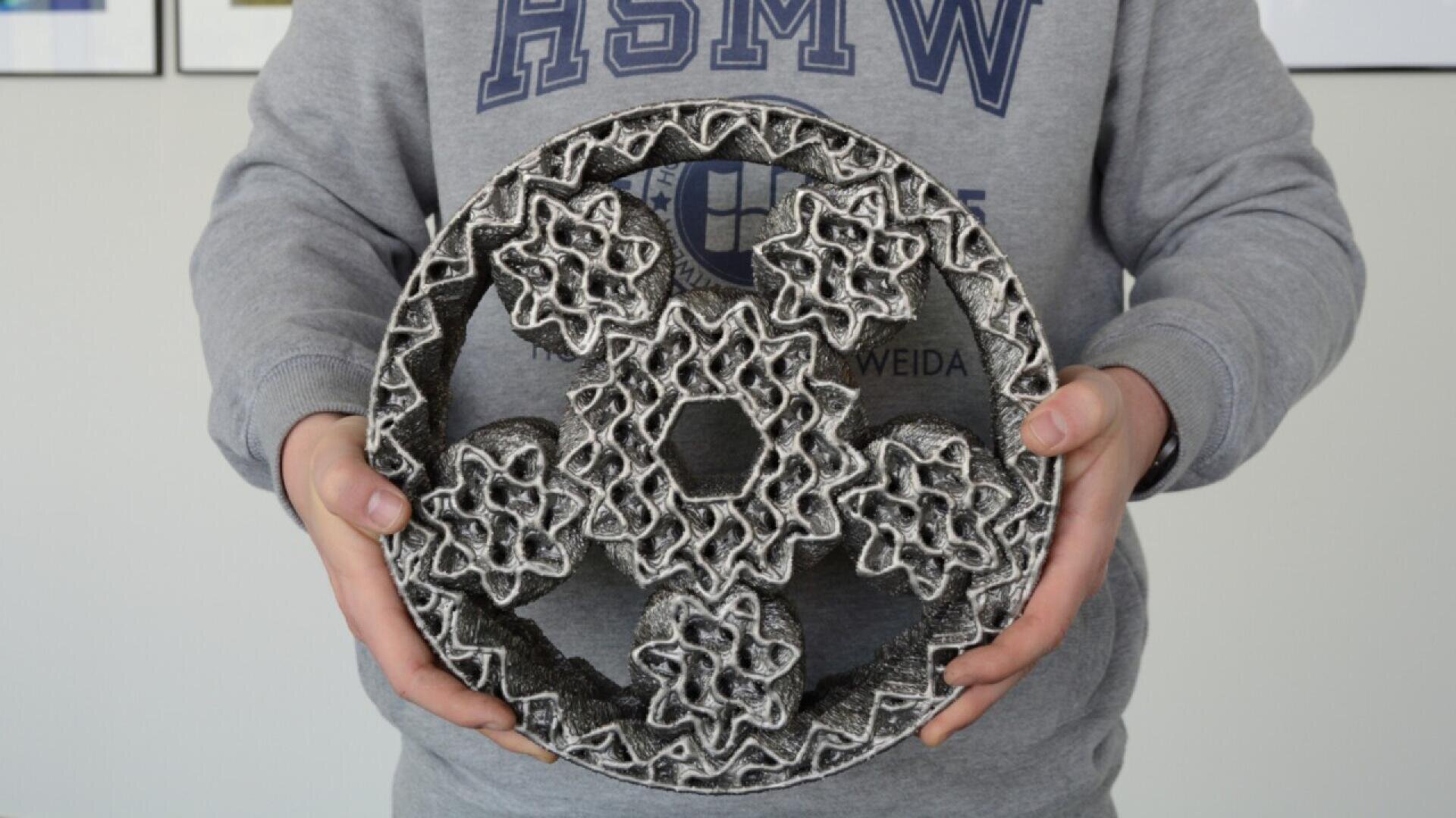 A person in a gray sweatshirt holds a large, circular, intricate 3D-printed object with geometric, interlocking star patterns.