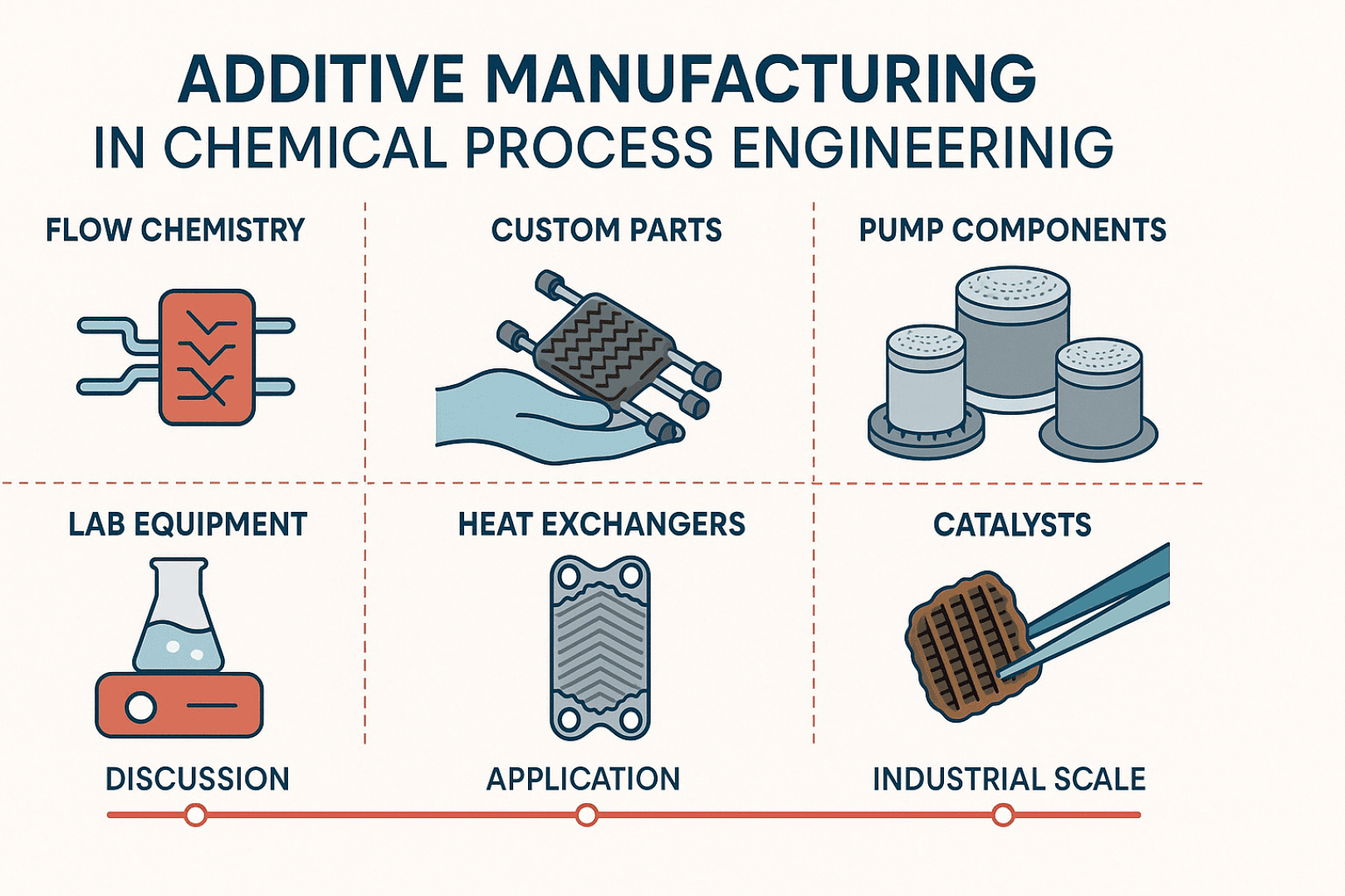 Infografik mit dem Titel „Additive Fertigung in der chemischen Verfahrenstechnik“ mit Abbildungen zu Strömungschemie, Sonderteilen, Pumpenkomponenten, Laborgeräten, Wärmetauschern, Katalysatoren, Diskussion, Anwendung und industriellem Maßstab.