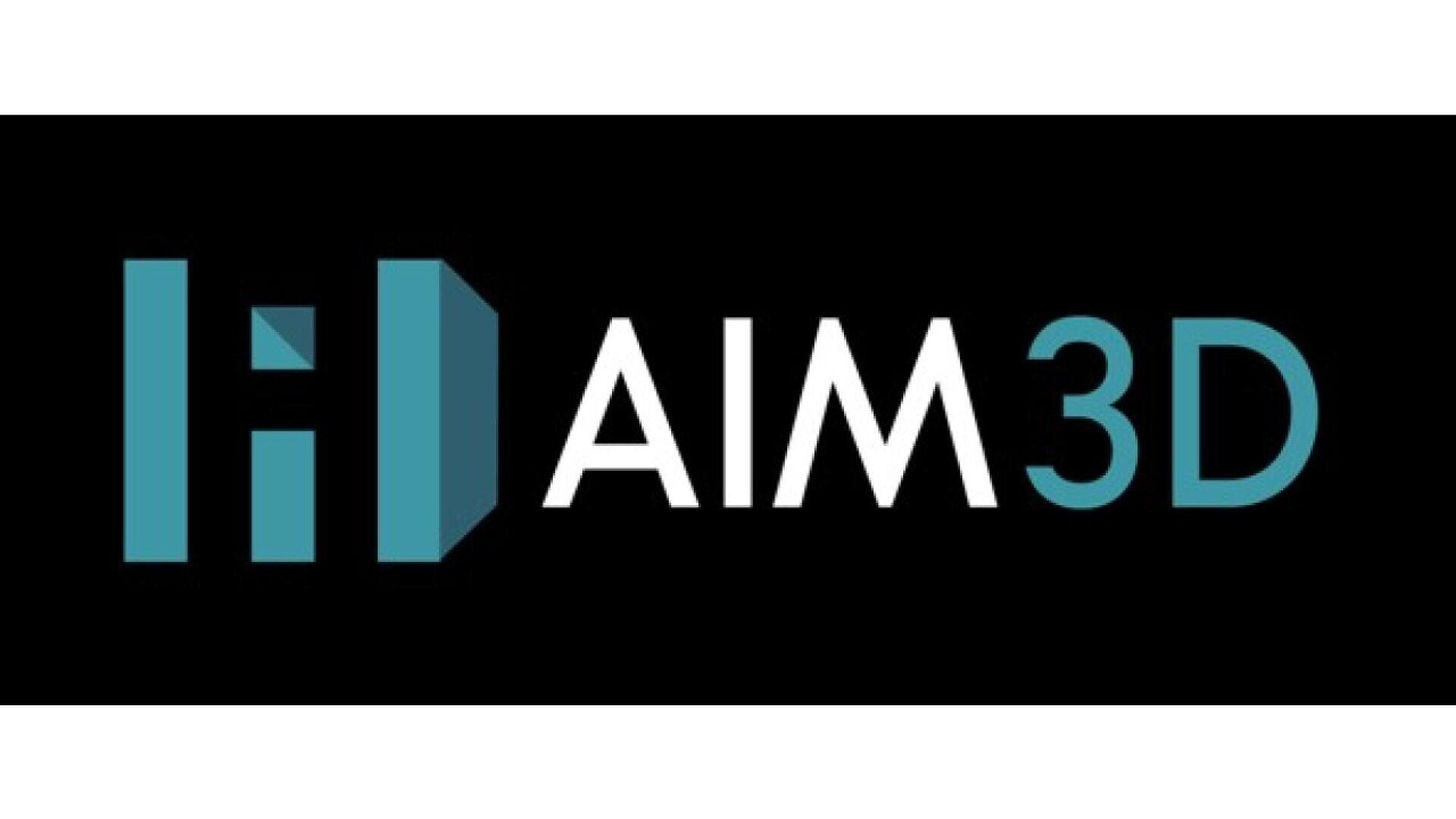 A logo with teal geometric shapes forming the letters Hi next to the text AIM3D where AIM is in white and 3D is in teal, all on a black background.