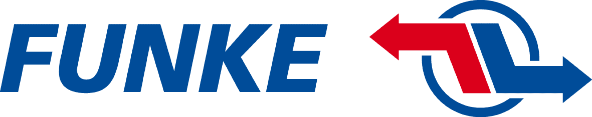 Das FUNKE-Logo in fetten blauen Buchstaben neben einem stilisierten Design aus roten und blauen Pfeilen, die eine kreisförmige Form bilden und Fluss oder Austausch anzeigen.