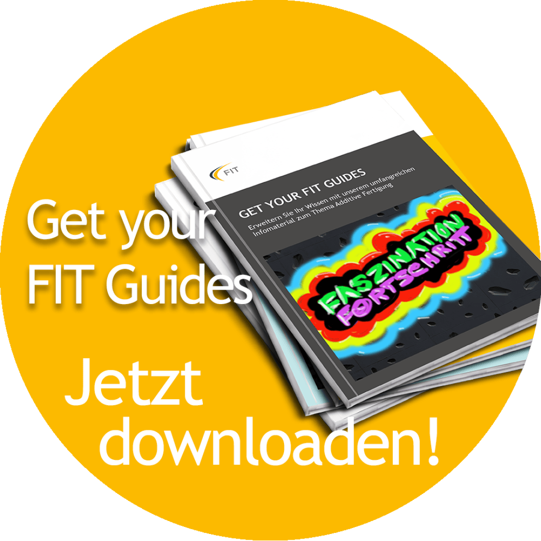 Ein Stapel FIT Guides-Hefte auf gelbem Hintergrund mit dem Text „Holen Sie sich Ihre FIT Guides jetzt herunterladen!“ und einem sichtbaren Cover mit dem Titel „Fascination Fortsetzung“.