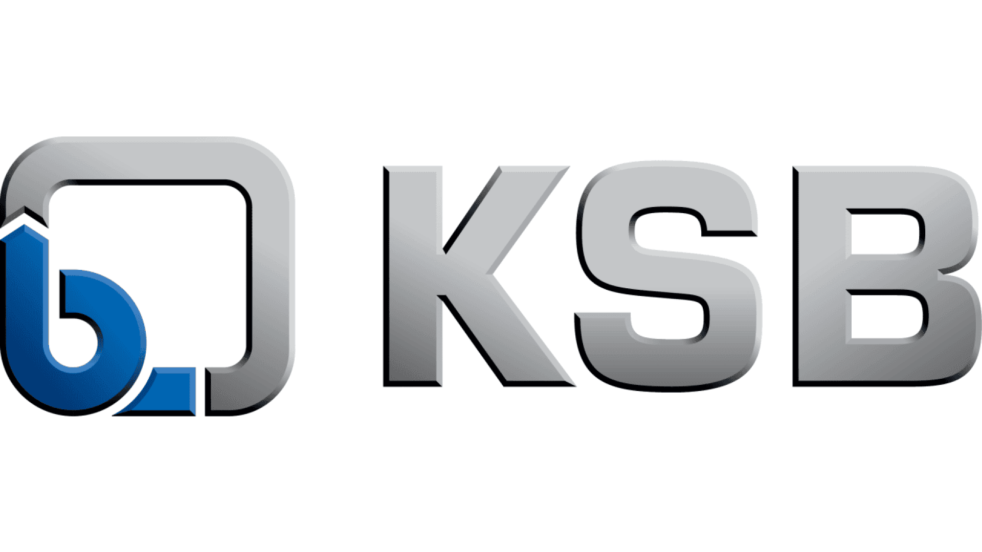 KSB logo featuring a stylized blue and gray symbol on the left, resembling a lowercase b inside a metallic square outline, followed by bold, metallic gray letters KSB on a white background.