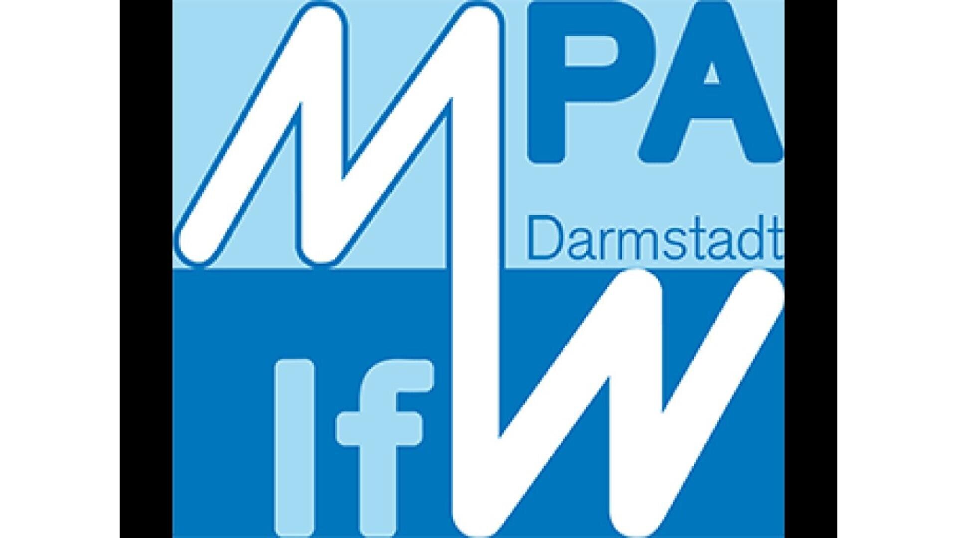 Logo with stylized white text MPA IfW on a blue and light blue background, with the word Darmstadt in smaller blue letters below PA.