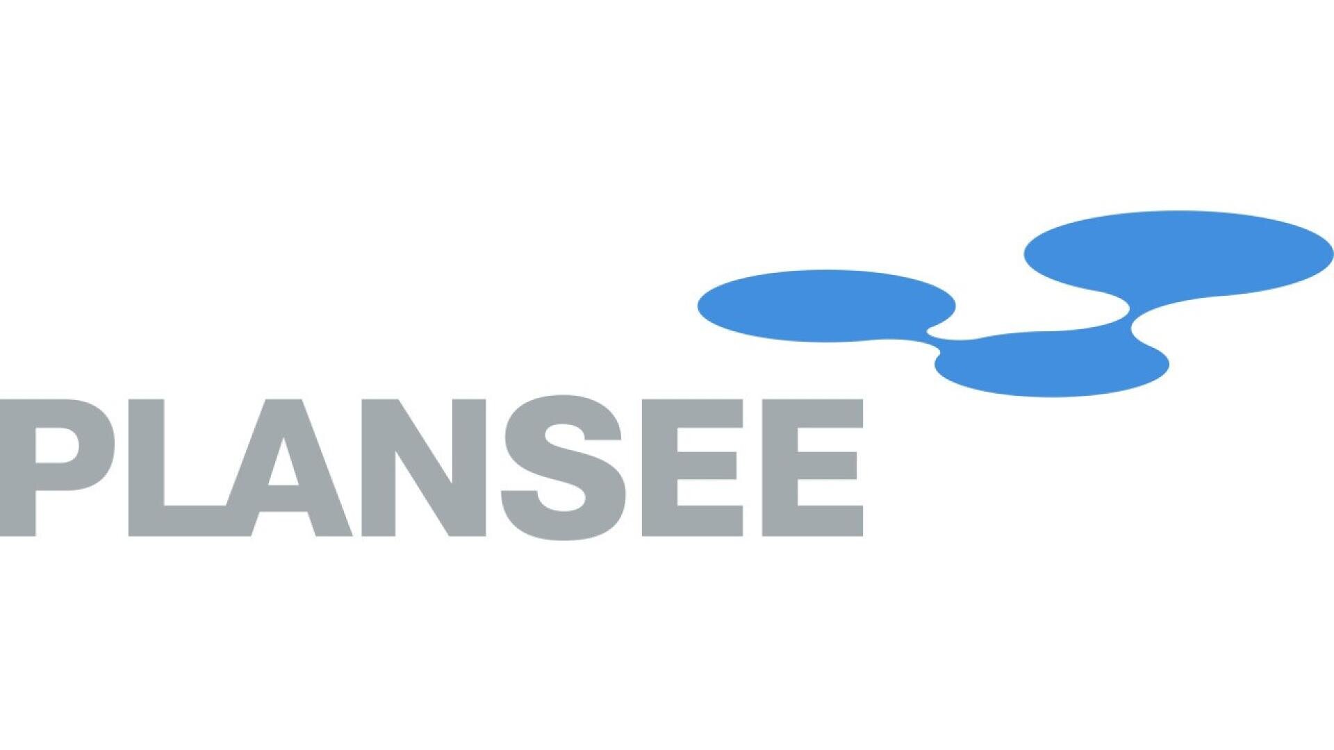 The image shows the word PLANSEE in large, gray capital letters, with three connected blue oval shapes arranged in the upper right corner.