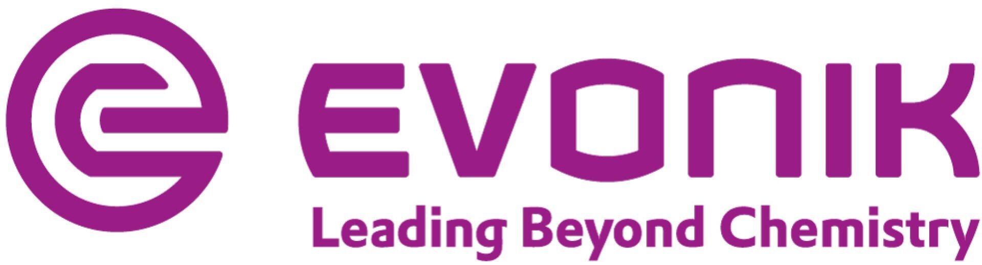 Evonik logo in purple with a circular symbol and the text “EVONIK” above the tagline “Leading Beyond Chemistry.”.