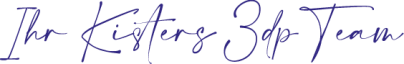 Handschriftlicher Text in Dunkelblau mit der Aufschrift Das Kistler 3dp Team auf transparentem Hintergrund.