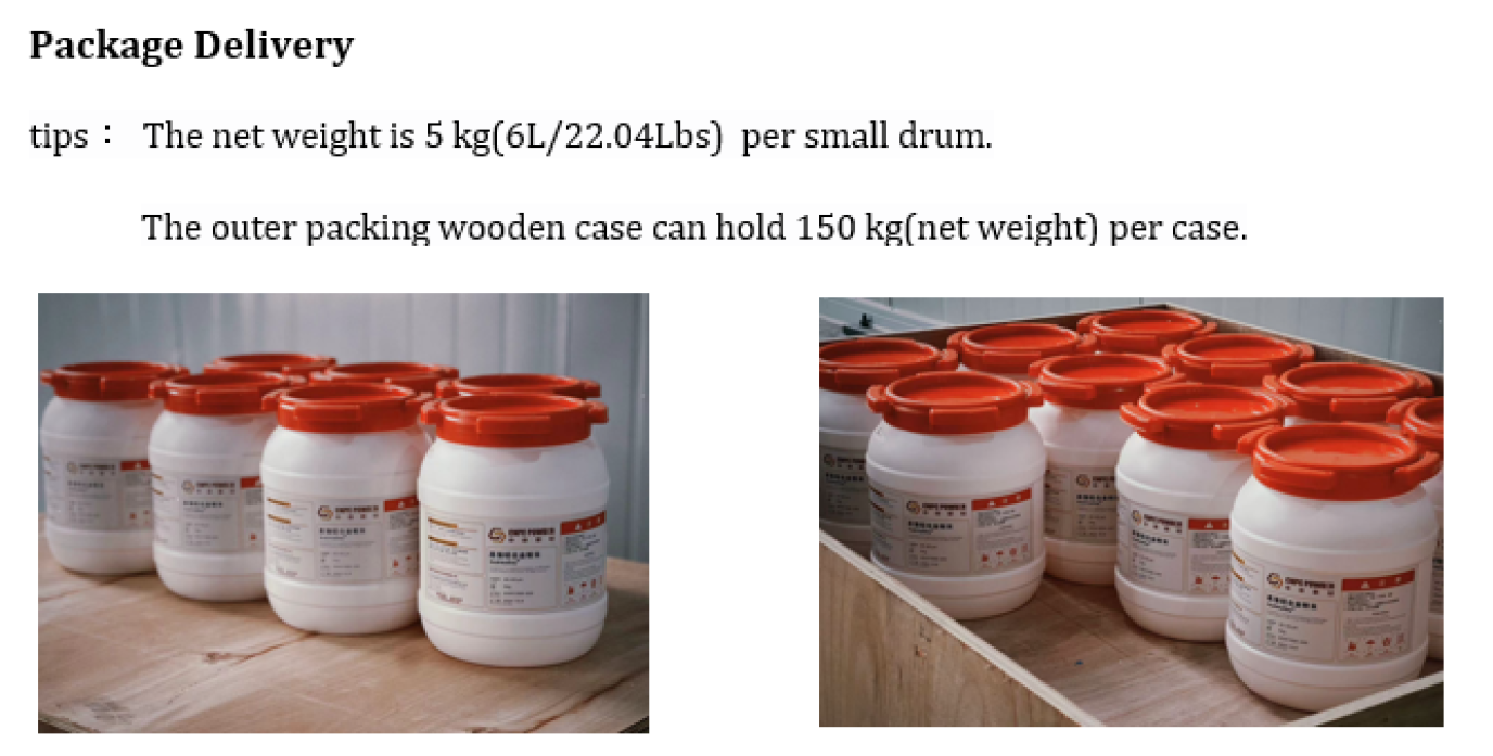 Several white plastic drums with red lids are labeled and arranged in rows, with some placed inside a wooden crate. The text explains each drum holds 5 kg, and a wooden case can hold 150 kg net weight.
